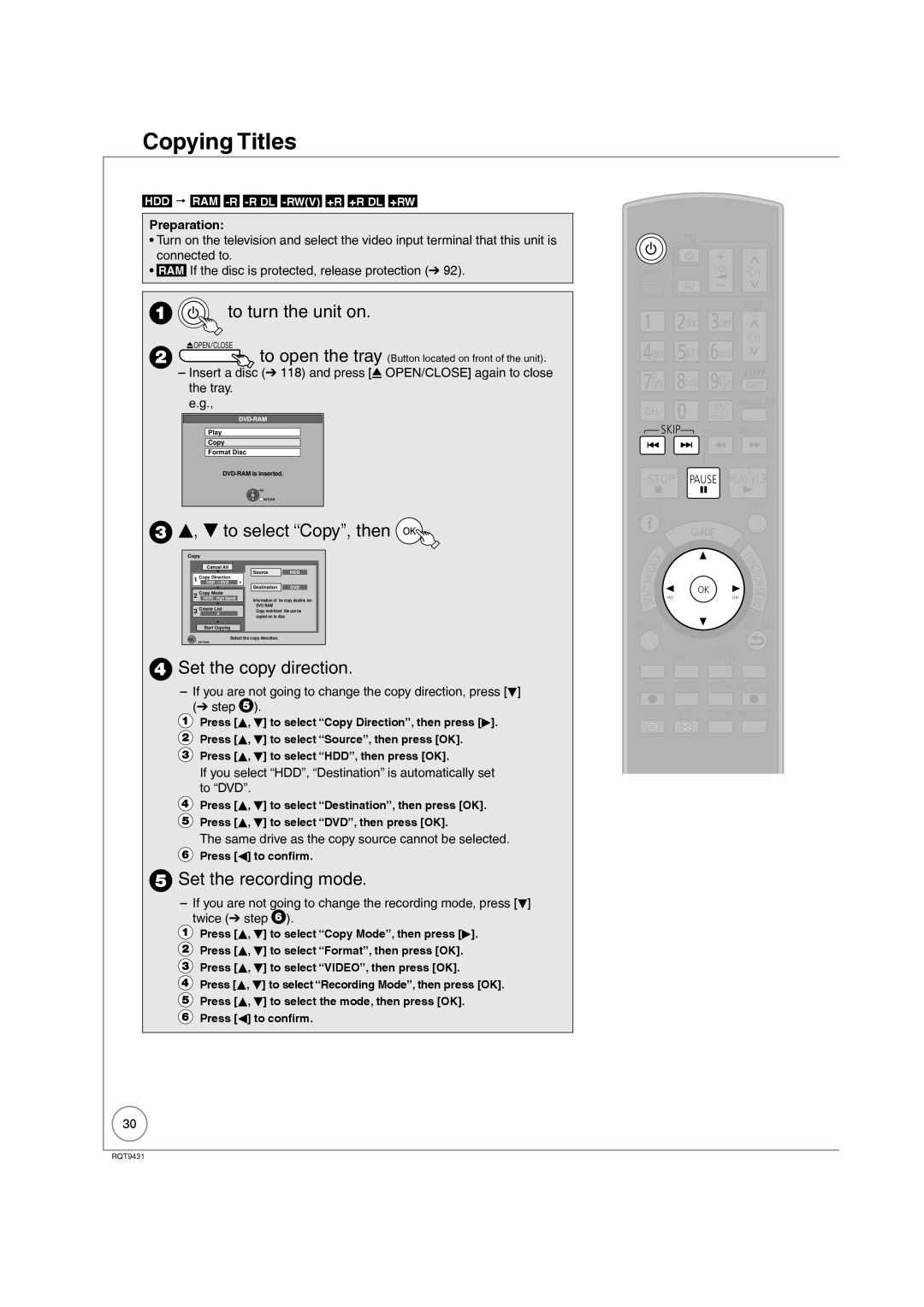 Philips DMR-XS350EB Copying Titles, To select Copy, then, Set the copy direction, Set the recording mode 