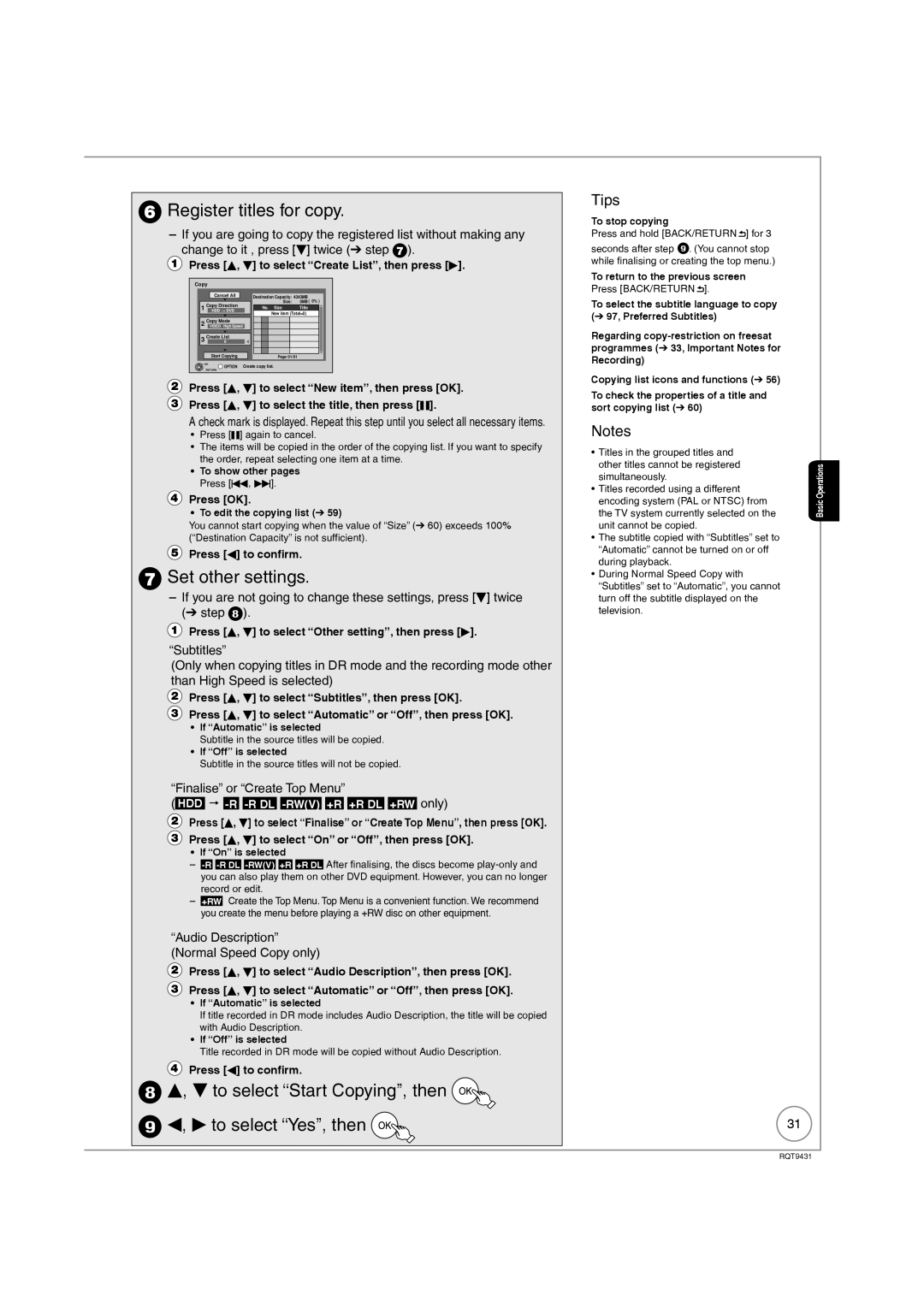 Philips DMR-XS350EB Register titles for copy, Set other settings, R to select Start Copying, then Q to select Yes, then 