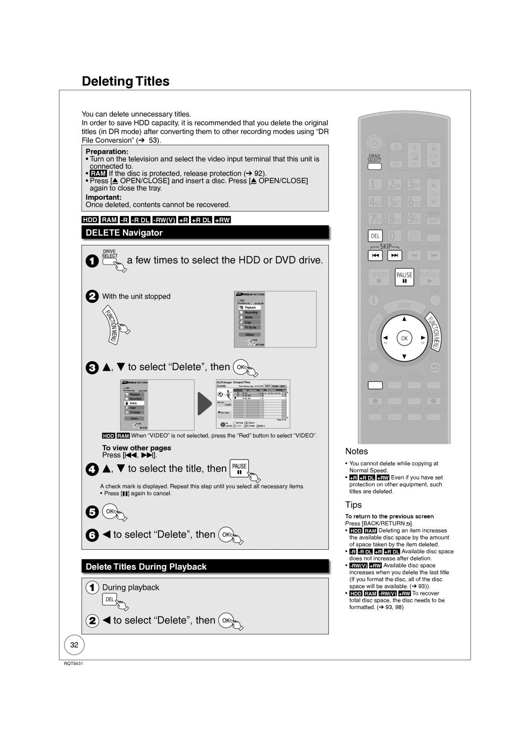 Philips DMR-XS350EB Deleting Titles, To select Delete, then, To select the title, then, Delete Navigator 