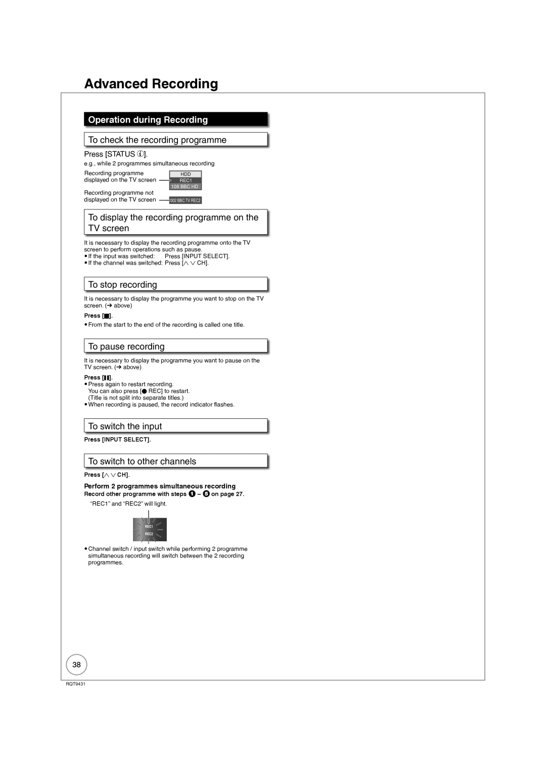 Philips DMR-XS350EB operating instructions Operation during Recording 