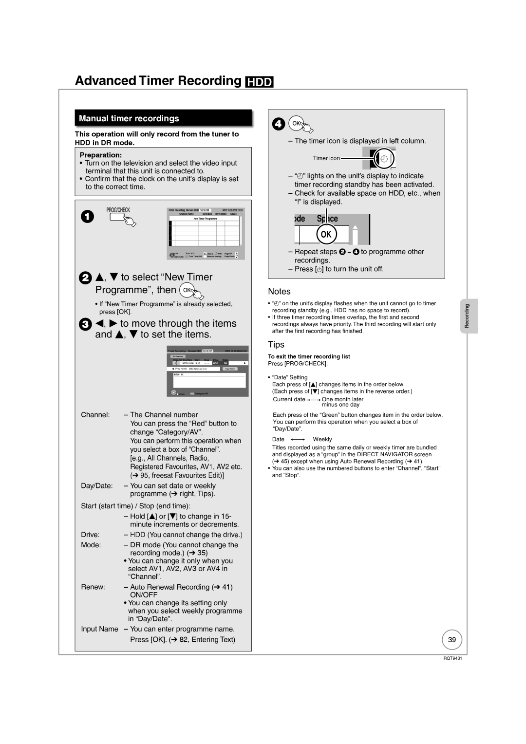 Philips DMR-XS350EB Advanced Timer Recording HDD, To select New Timer, Programme, then, To move through the items 