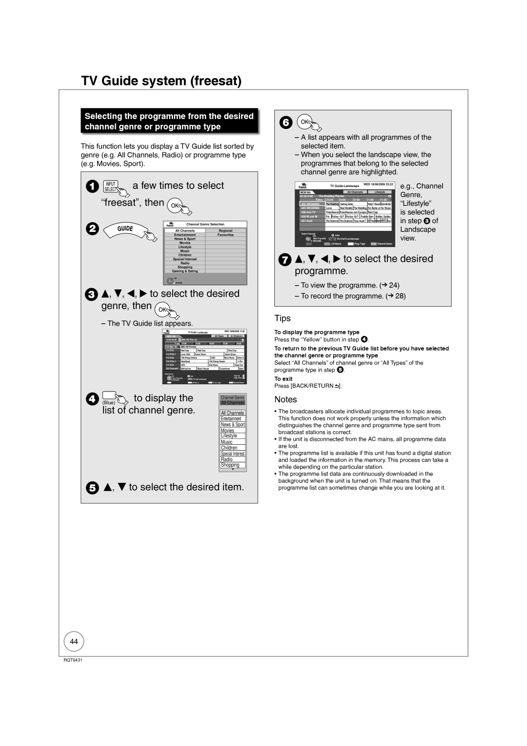 Philips DMR-XS350EB Few times to select freesat, then, To display, List of channel genre, To select the desired item 