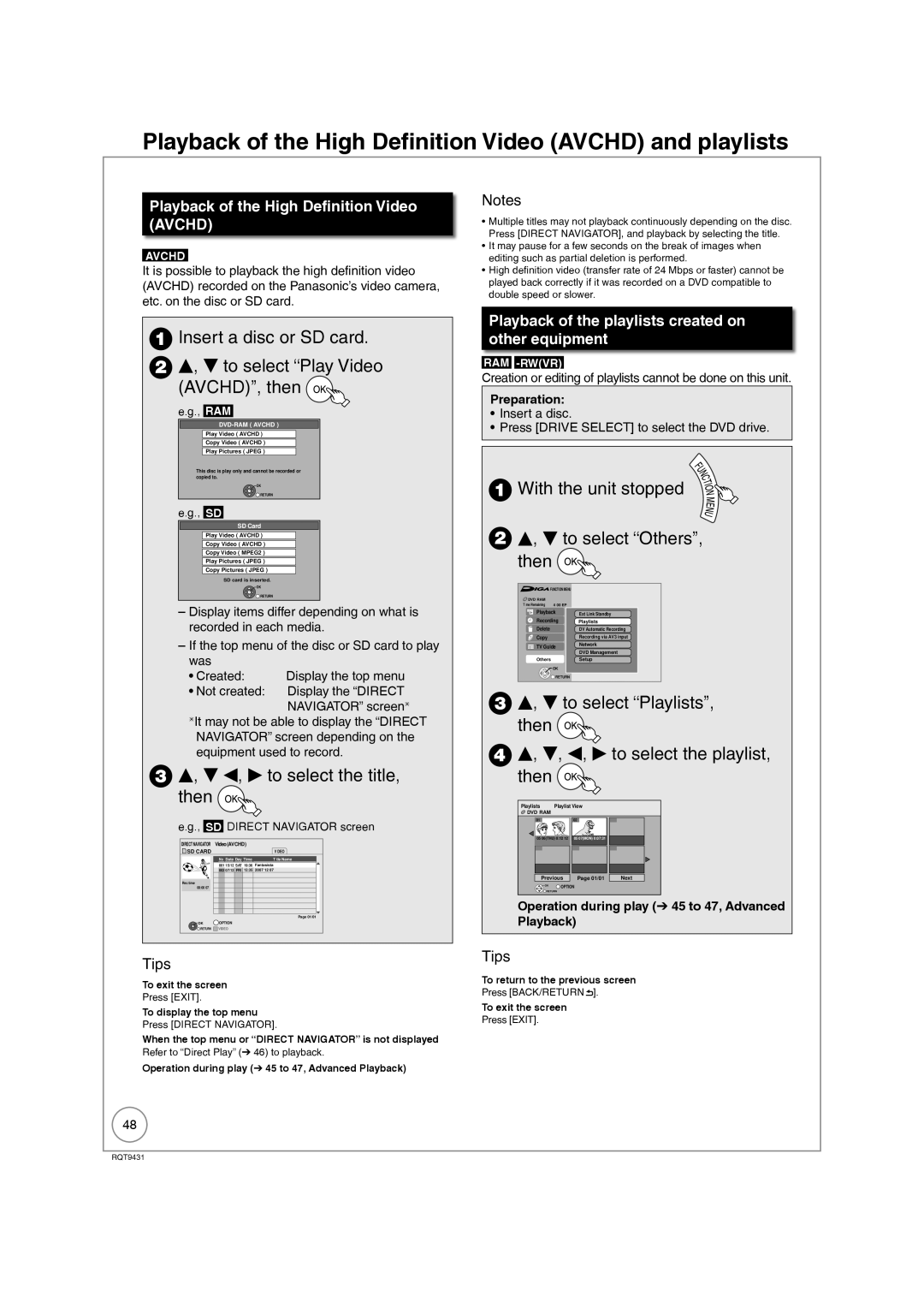 Philips DMR-XS350EB Playback of the High Definition Video Avchd and playlists, W, q to select the title, then 