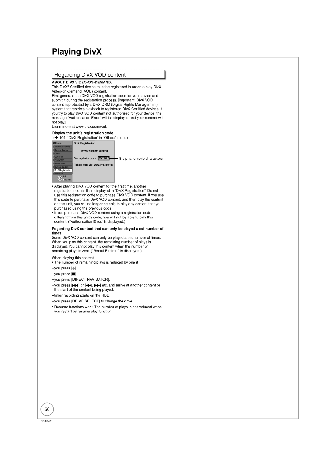 Philips DMR-XS350EB operating instructions Regarding DivX VOD content, Display the unit’s registration code 