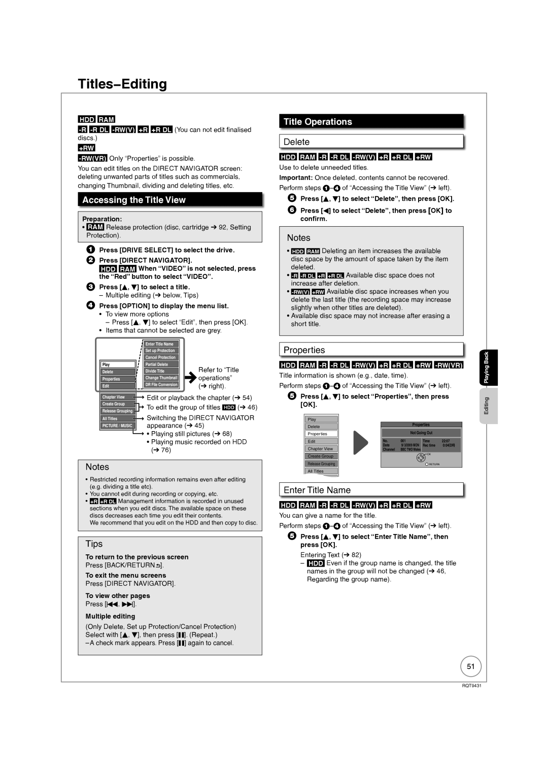 Philips DMR-XS350EB operating instructions Titles−Editing, Accessing the Title View, Title Operations, Properties 