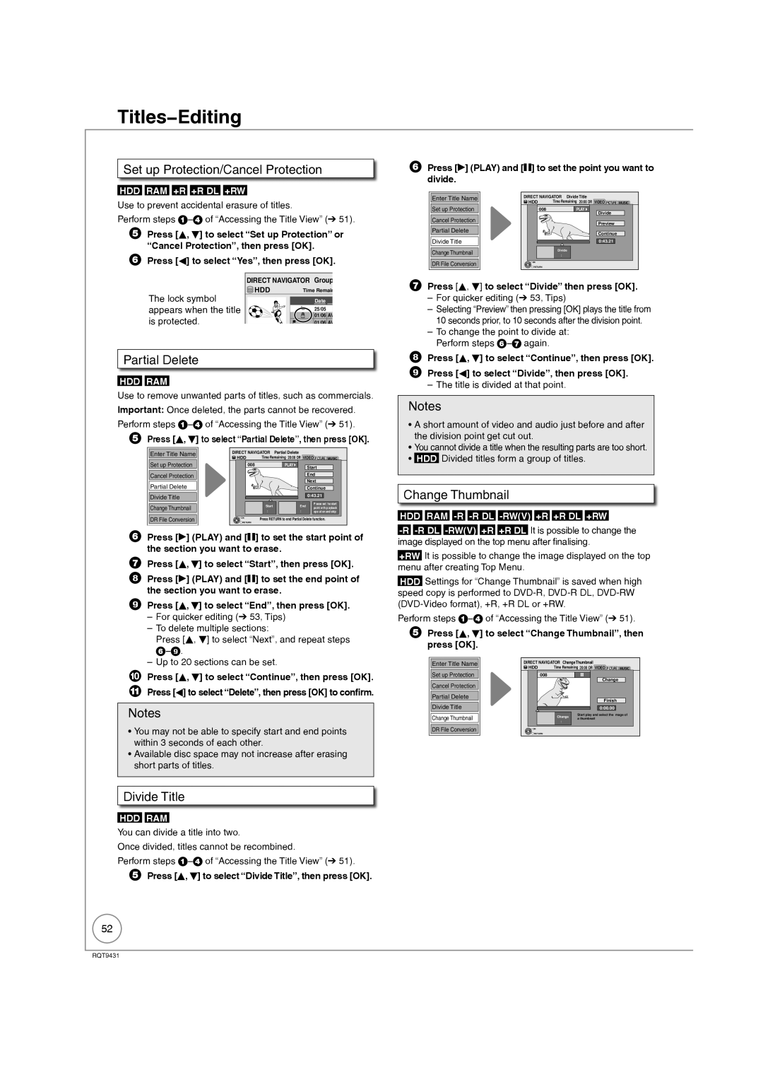 Philips DMR-XS350EB Set up Protection/Cancel Protection, Partial Delete, Change Thumbnail, Divide Title 