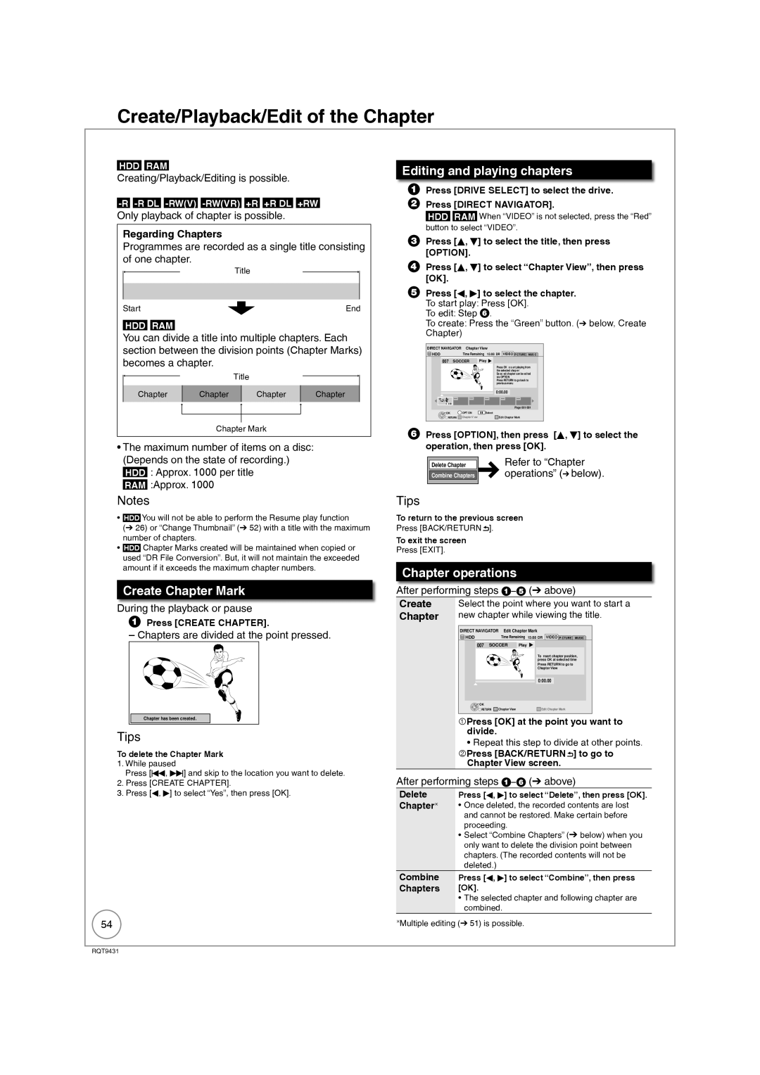 Philips DMR-XS350EB Create/Playback/Edit of the Chapter, Create Chapter Mark, Editing and playing chapters 