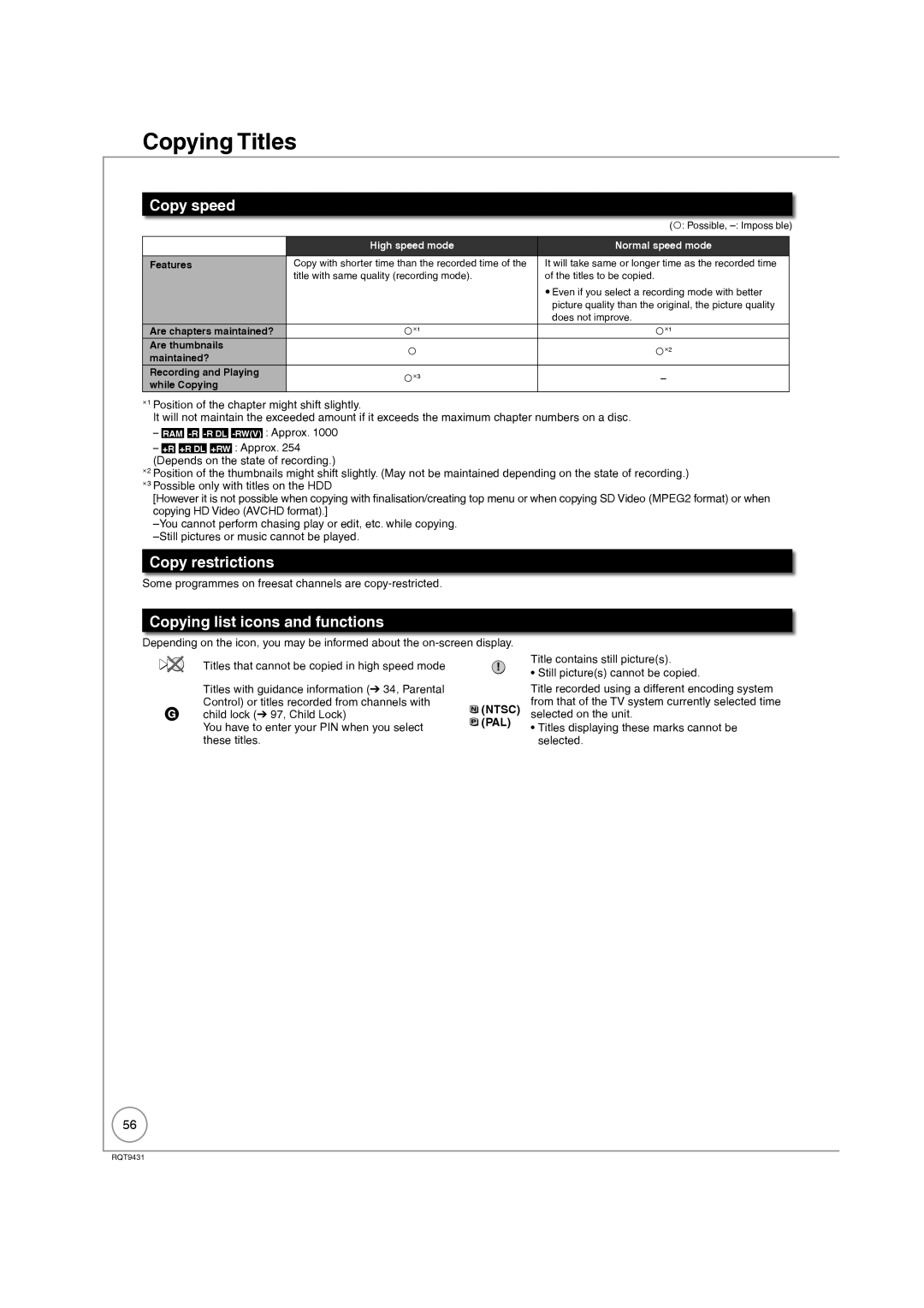 Philips DMR-XS350EB Copy speed, Copy restrictions, Copying list icons and functions, Child lock 97, Child Lock 