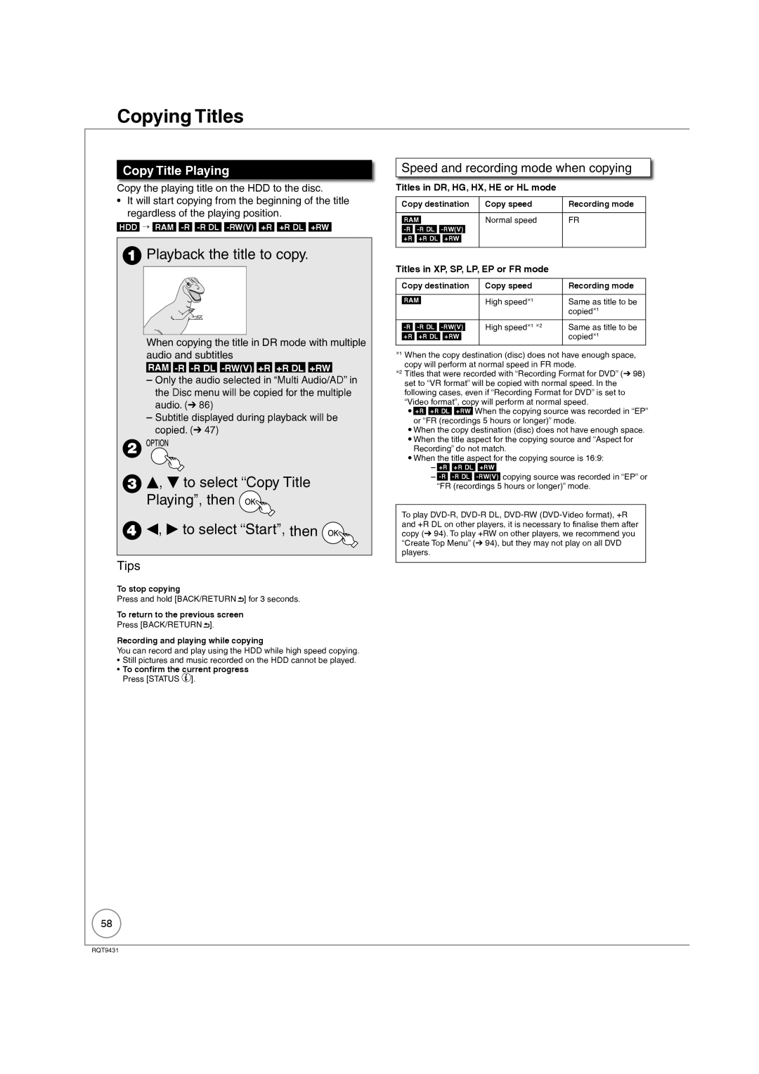 Philips DMR-XS350EB Playback the title to copy, To select Copy Title Playing, then To select Start, then 