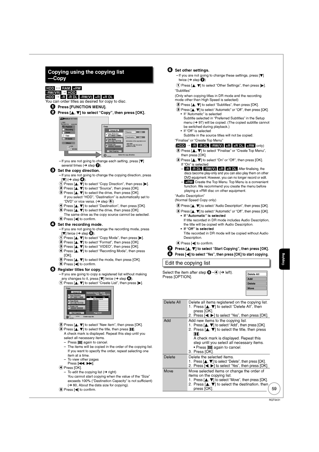 Philips DMR-XS350EB operating instructions Copying using the copying list -Copy, Edit the copying list 