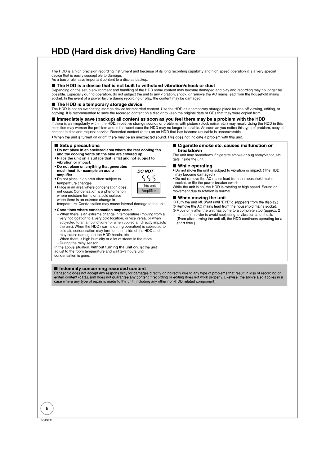 Philips DMR-XS350EB operating instructions HDD Hard disk drive Handling Care 