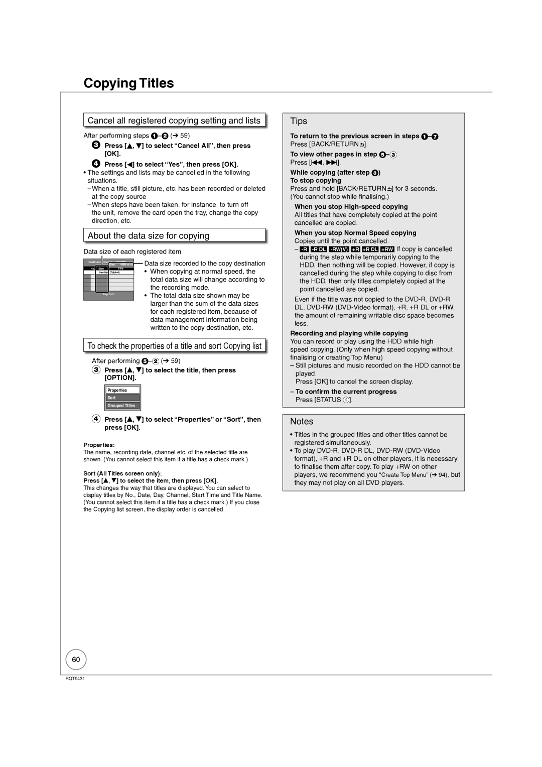 Philips DMR-XS350EB operating instructions Cancel all registered copying setting and lists, About the data size for copying 