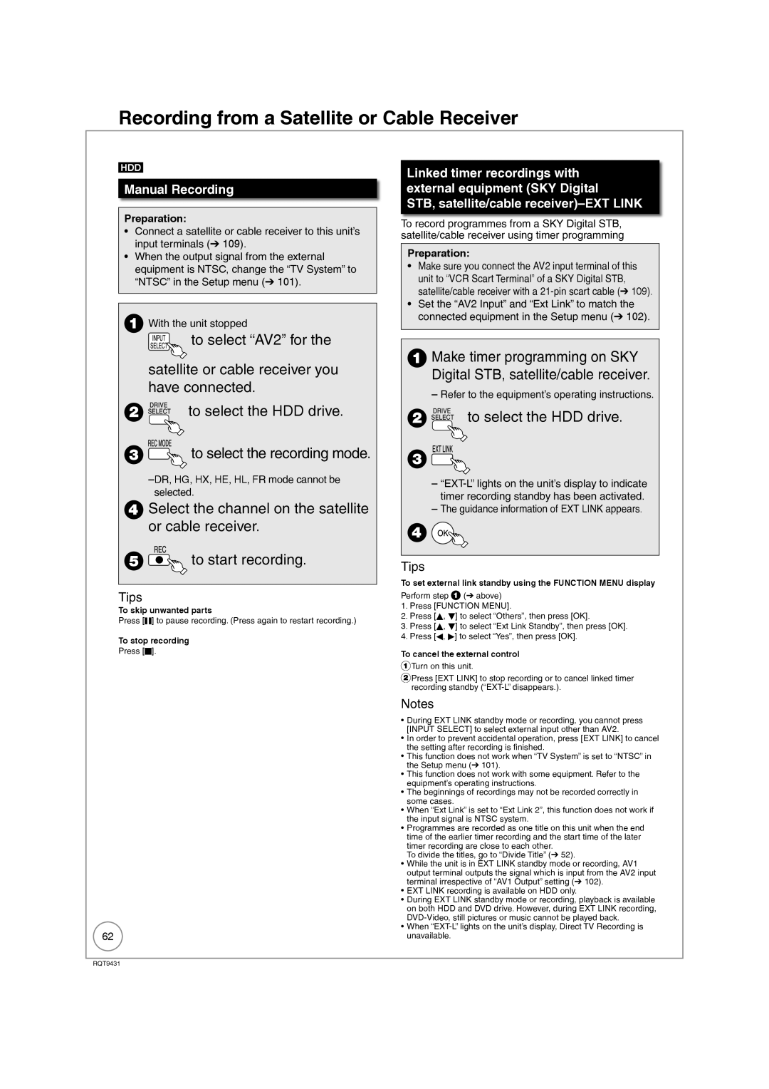 Philips DMR-XS350EB operating instructions Recording from a Satellite or Cable Receiver, Manual Recording 