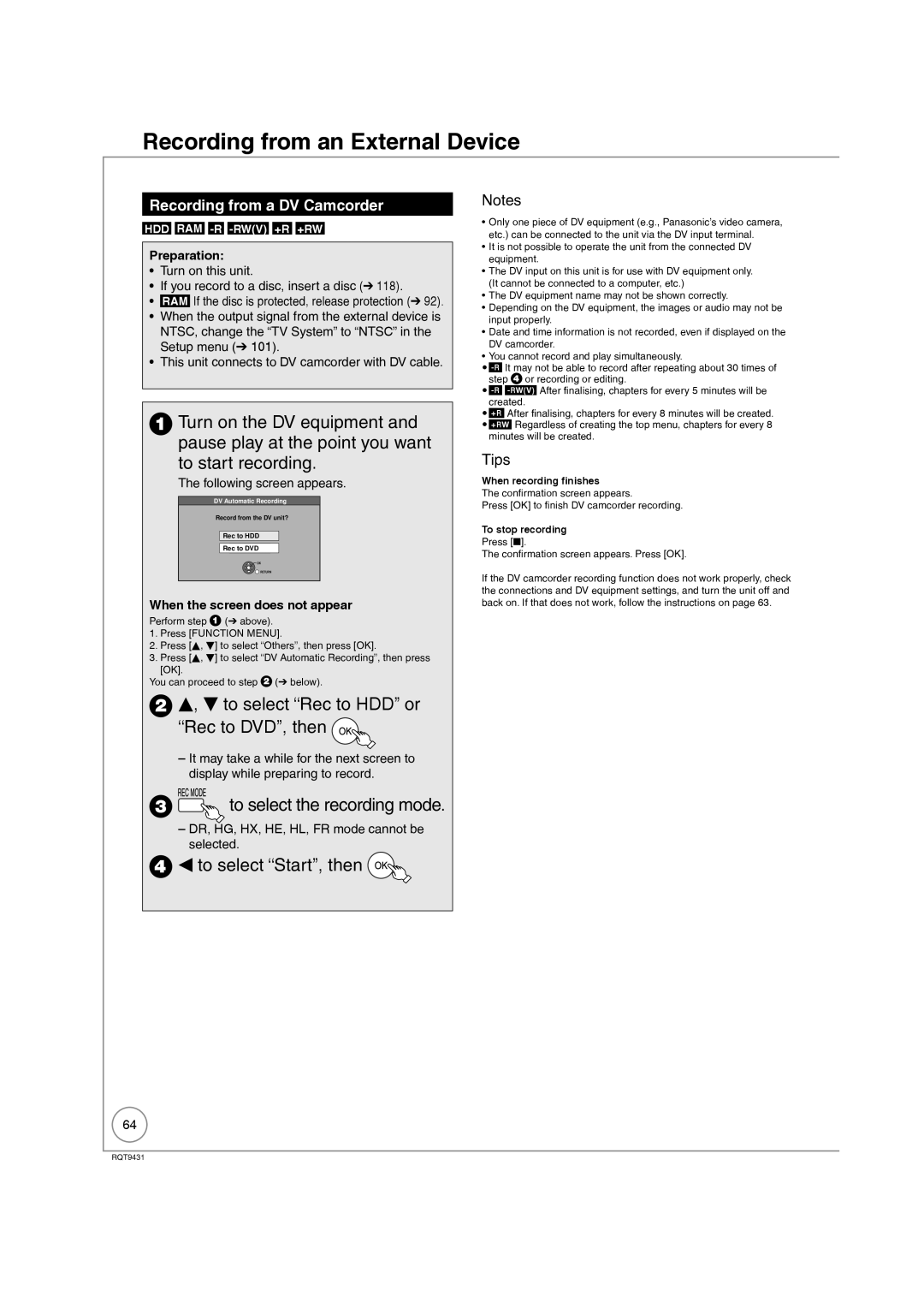 Philips DMR-XS350EB To select Rec to HDD or Rec to DVD, then, Recording from a DV Camcorder, Following screen appears 