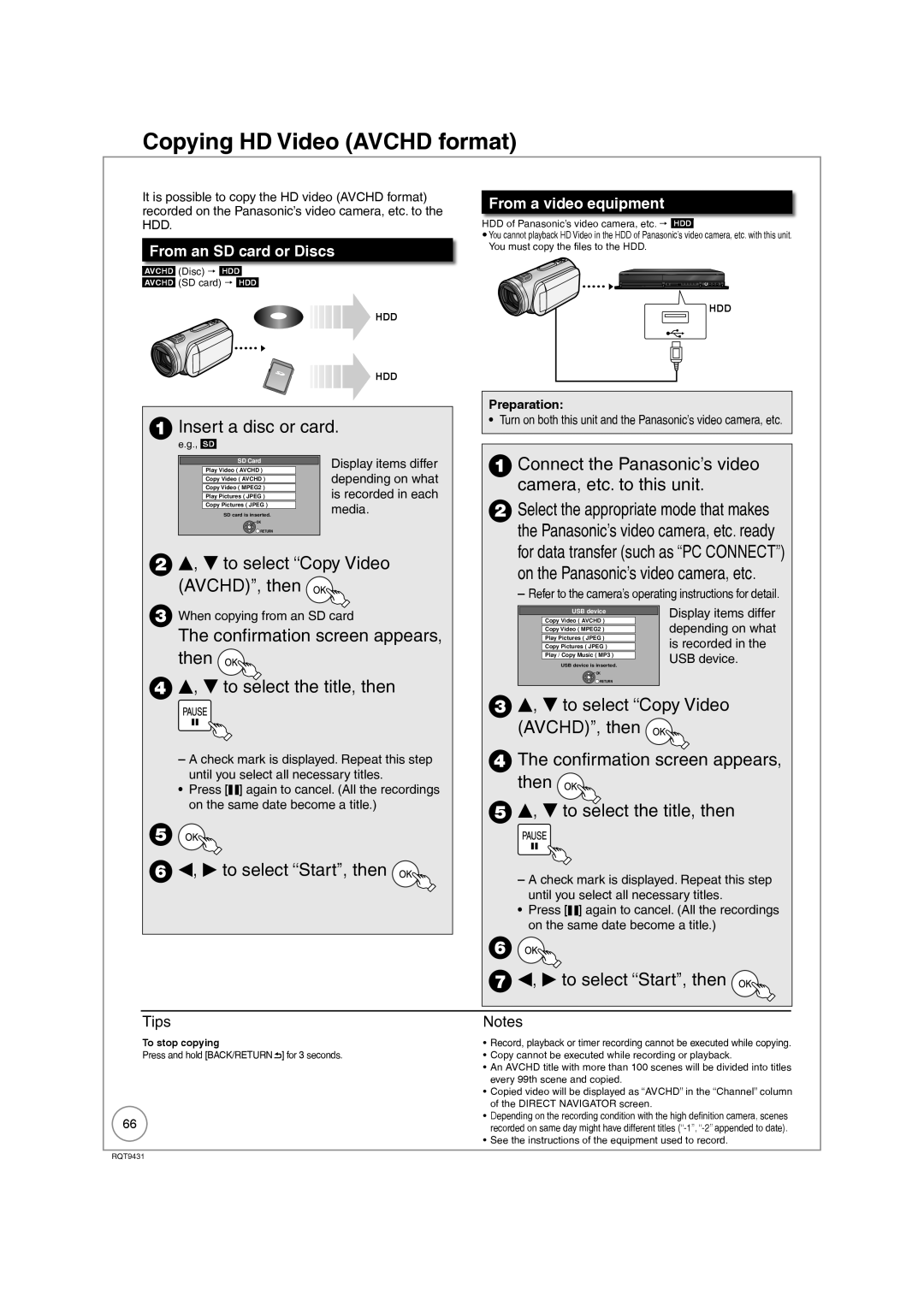 Philips DMR-XS350EB Copying HD Video Avchd format, Insert a disc or card, To select Copy Video AVCHD, then 