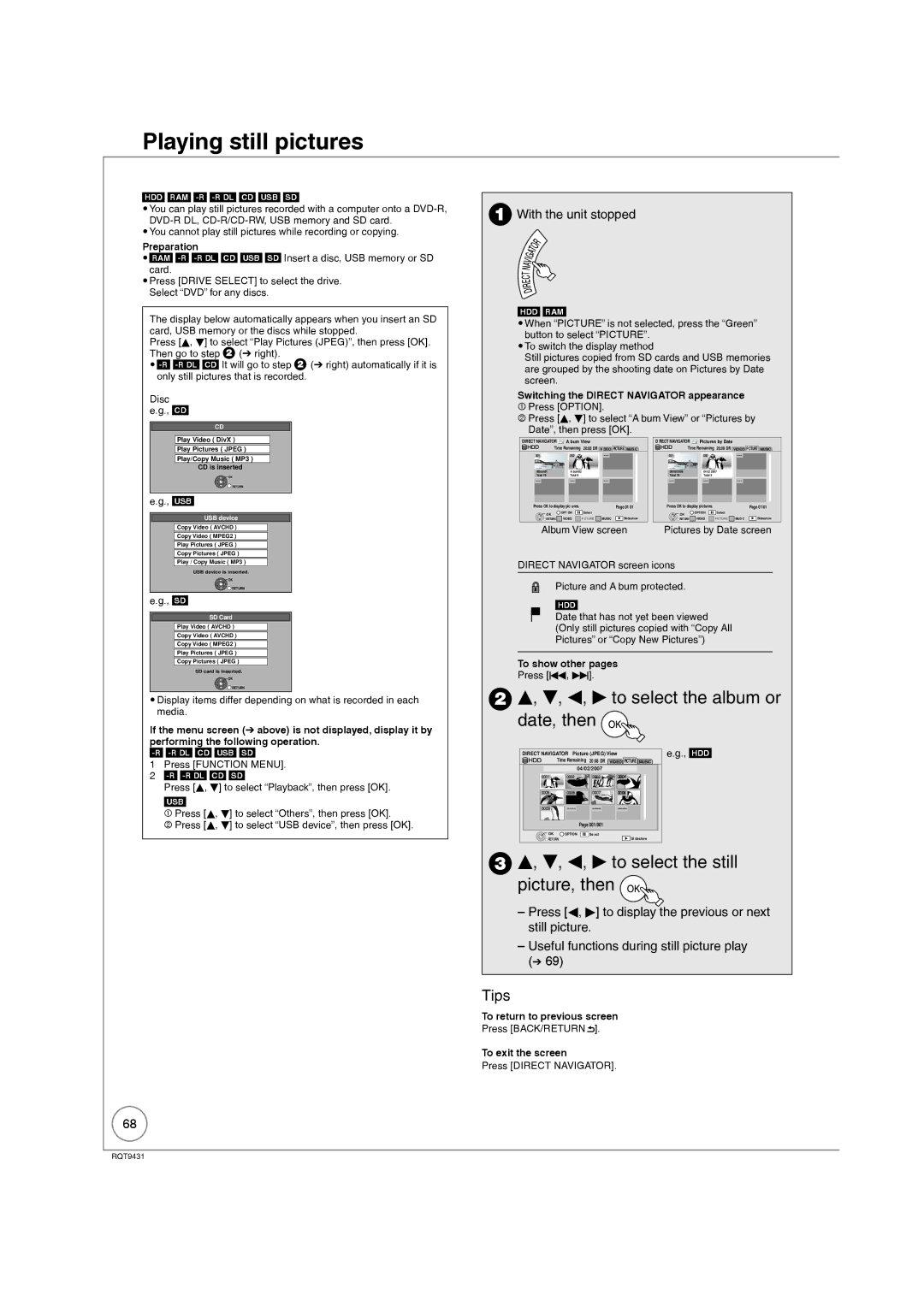 Philips DMR-XS350EB Playing still pictures, W, q to select the album or date, then, W, q to select the still picture, then 