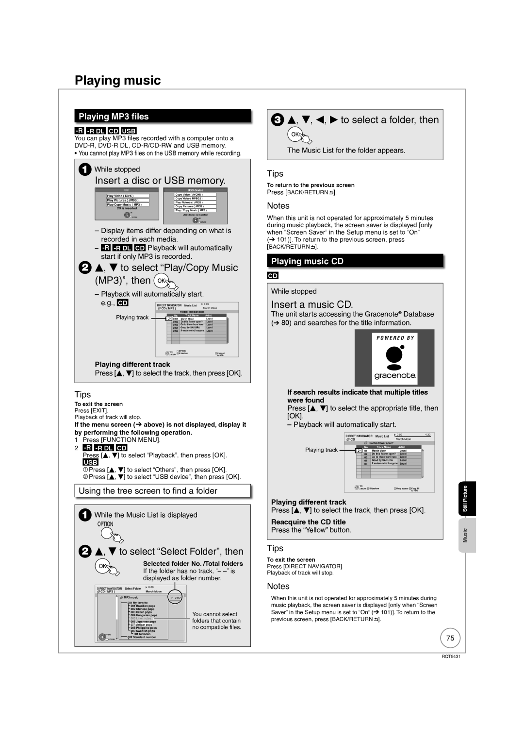 Philips DMR-XS350EB Playing music, To select Play/Copy Music MP3, then, To select Select Folder, then, Insert a music CD 