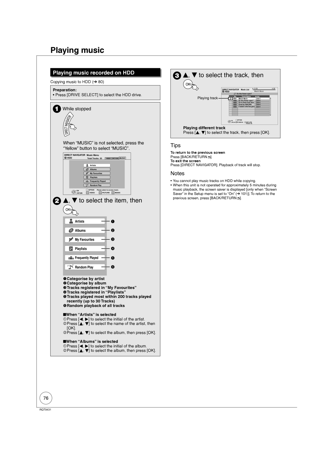 Philips DMR-XS350EB To select the item, then, To select the track, then, Playing music recorded on HDD 