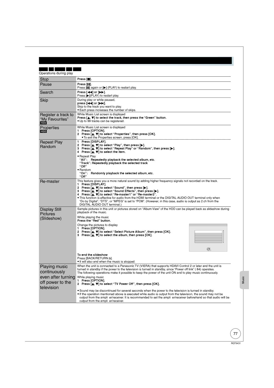 Philips DMR-XS350EB operating instructions Useful functions during music play 