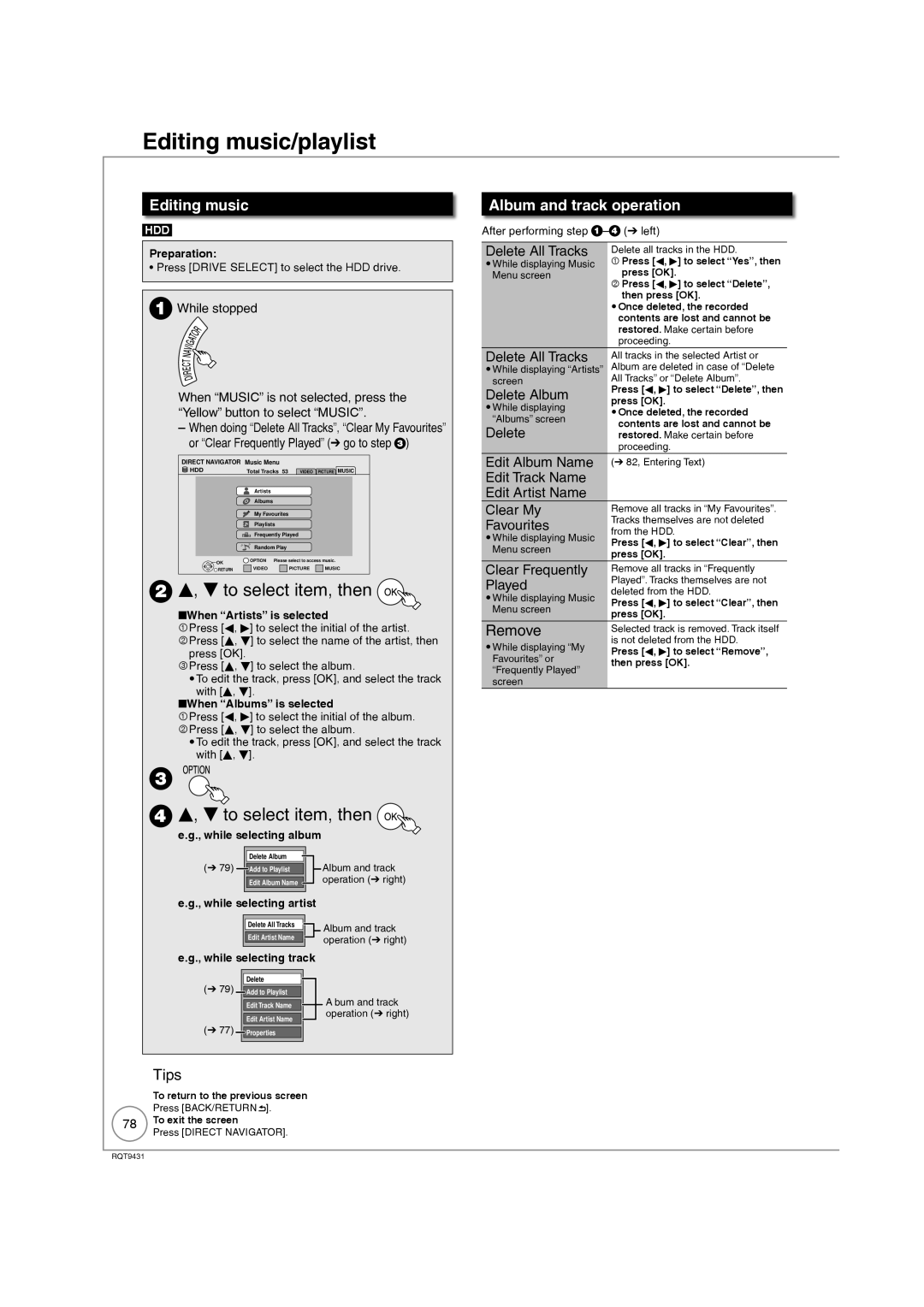 Philips DMR-XS350EB operating instructions Editing music/playlist, To select item, then, Album and track operation, Remove 