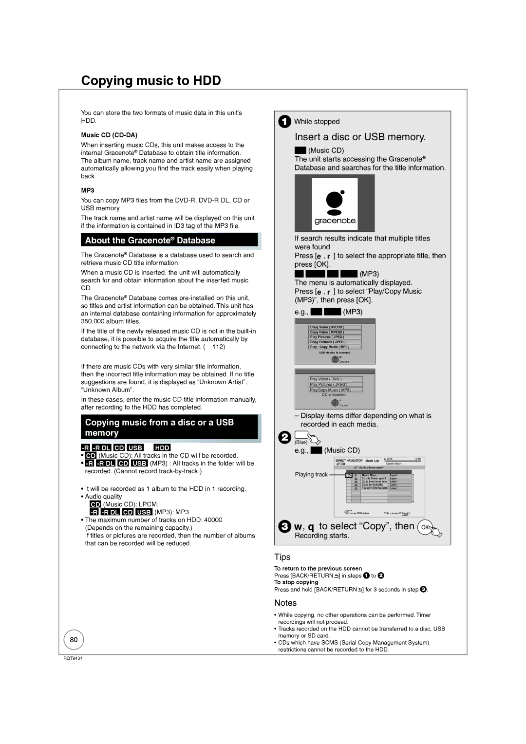 Philips DMR-XS350EB Copying music to HDD, About the Gracenote Database, Copying music from a disc or a USB memory 