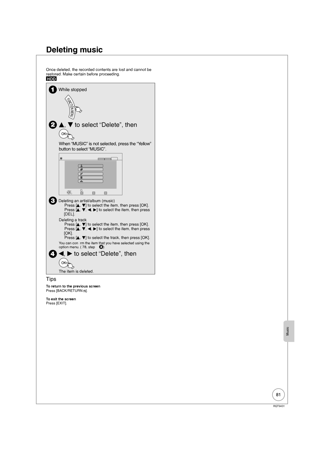 Philips DMR-XS350EB operating instructions Deleting music, Item is deleted 