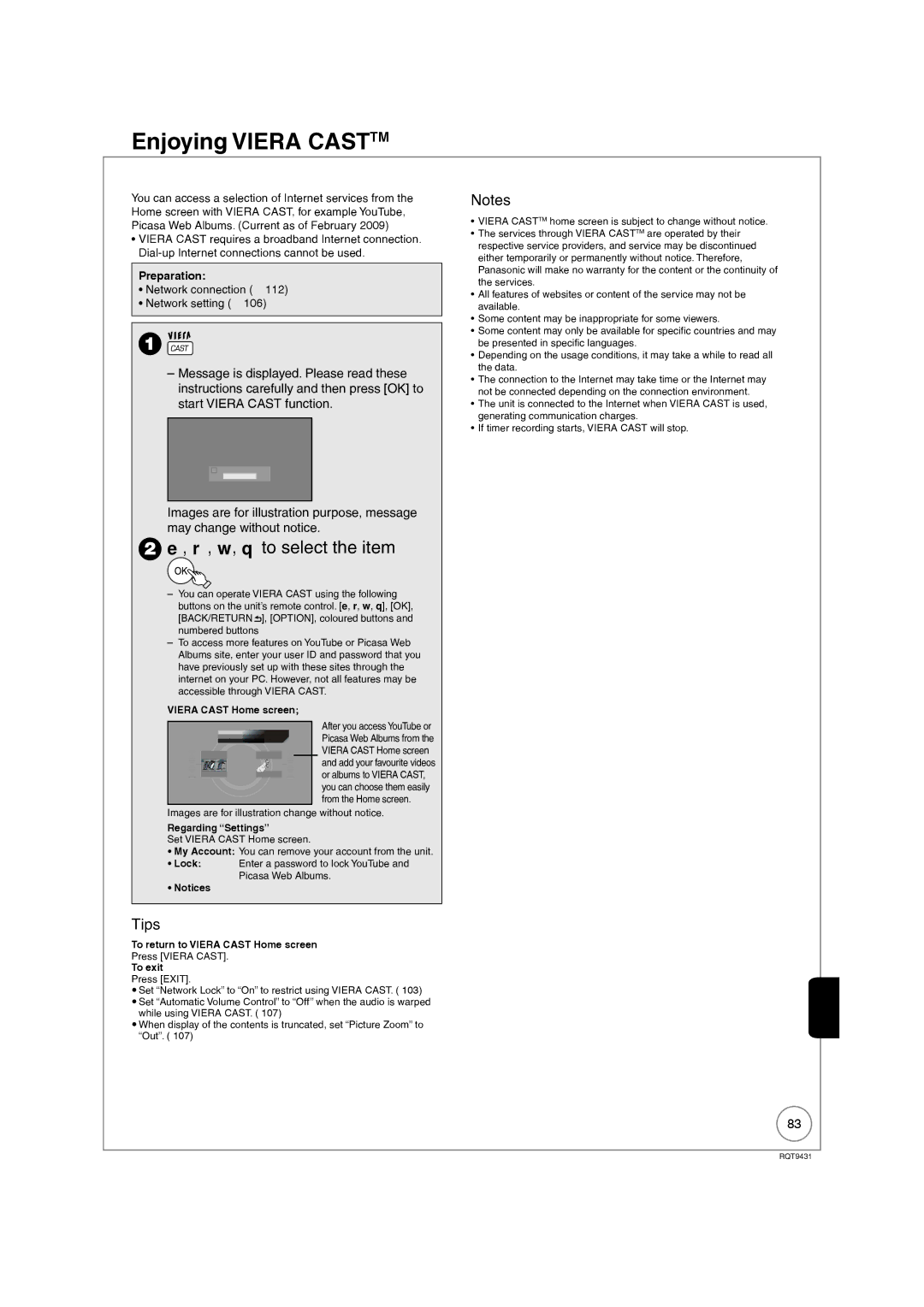 Philips DMR-XS350EB Enjoying Viera Casttm, W, q to select the item, Network connection Network setting 