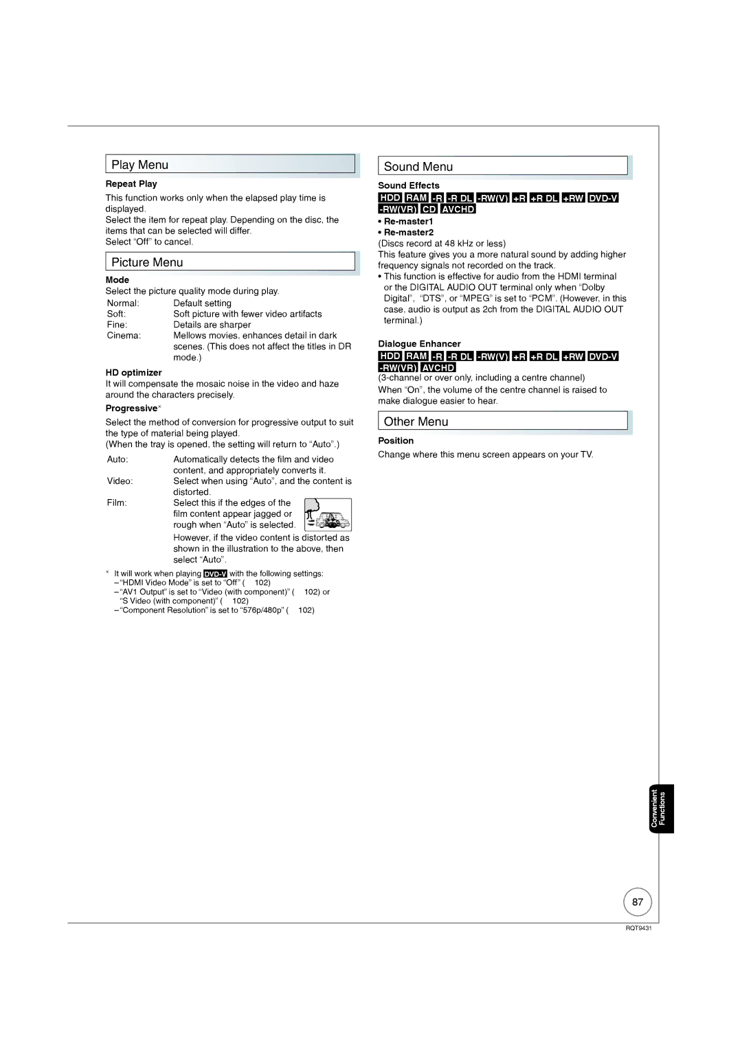 Philips DMR-XS350EB operating instructions Play Menu, Picture Menu, Sound Menu, Other Menu 