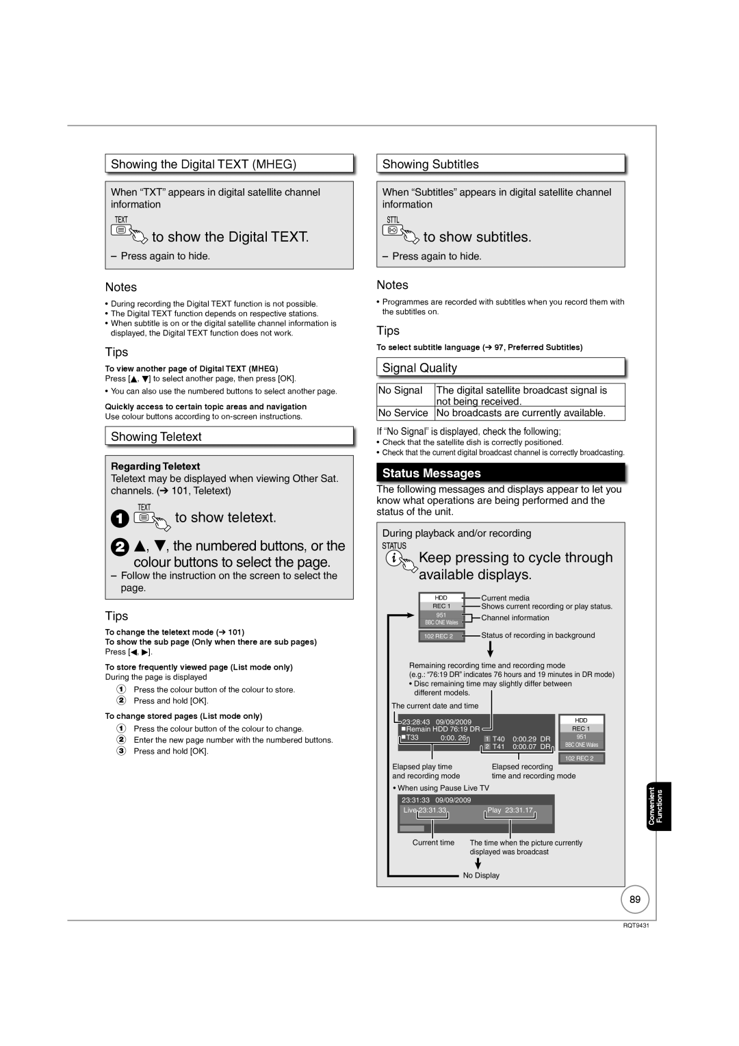 Philips DMR-XS350EB To show the Digital Text, To show subtitles, Keep pressing to cycle through Available displays 