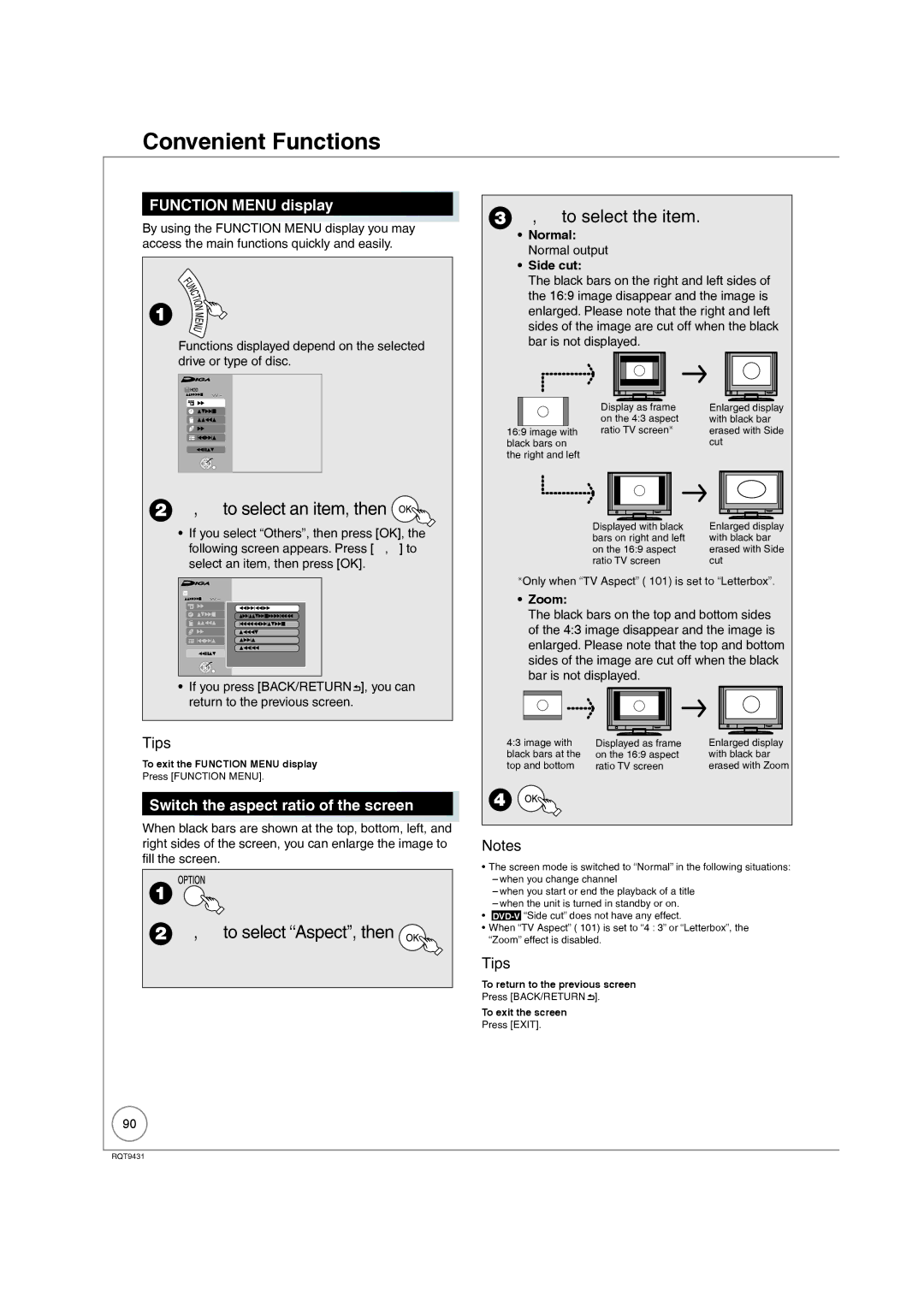 Philips DMR-XS350EB Convenient Functions, To select the item, To select an item, then, To select Aspect, then 