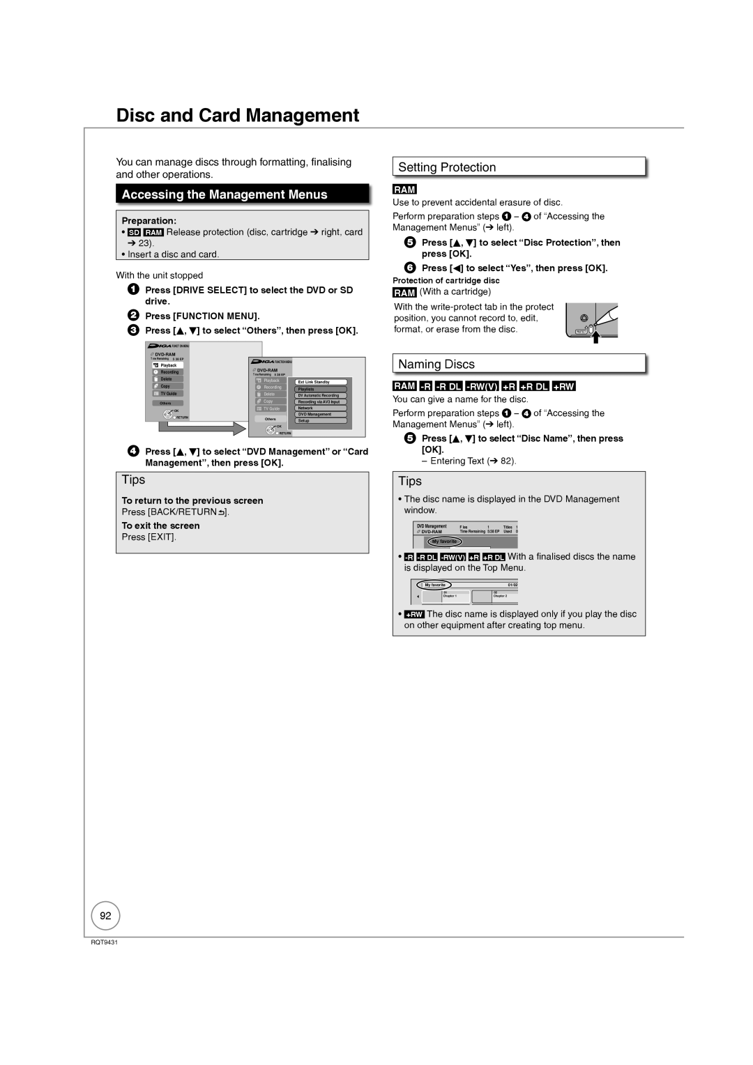 Philips DMR-XS350EB Disc and Card Management, Accessing the Management Menus, Setting Protection, Naming Discs 