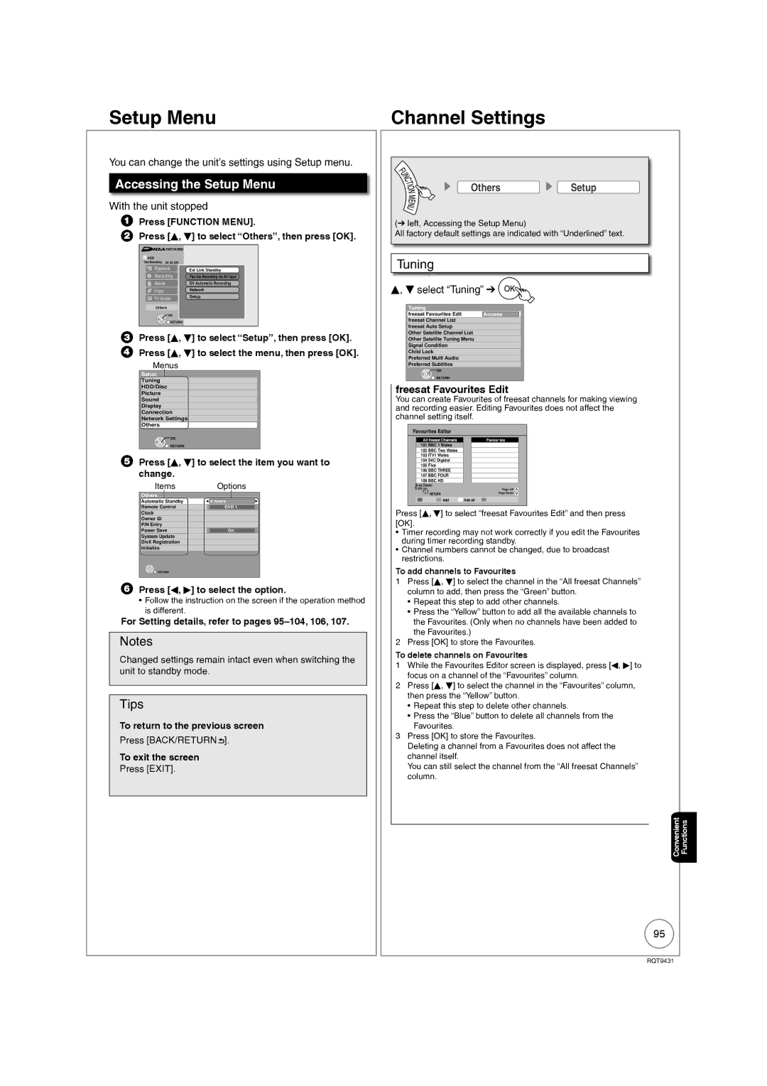 Philips DMR-XS350EB operating instructions Accessing the Setup Menu, Tuning, Freesat Favourites Edit 