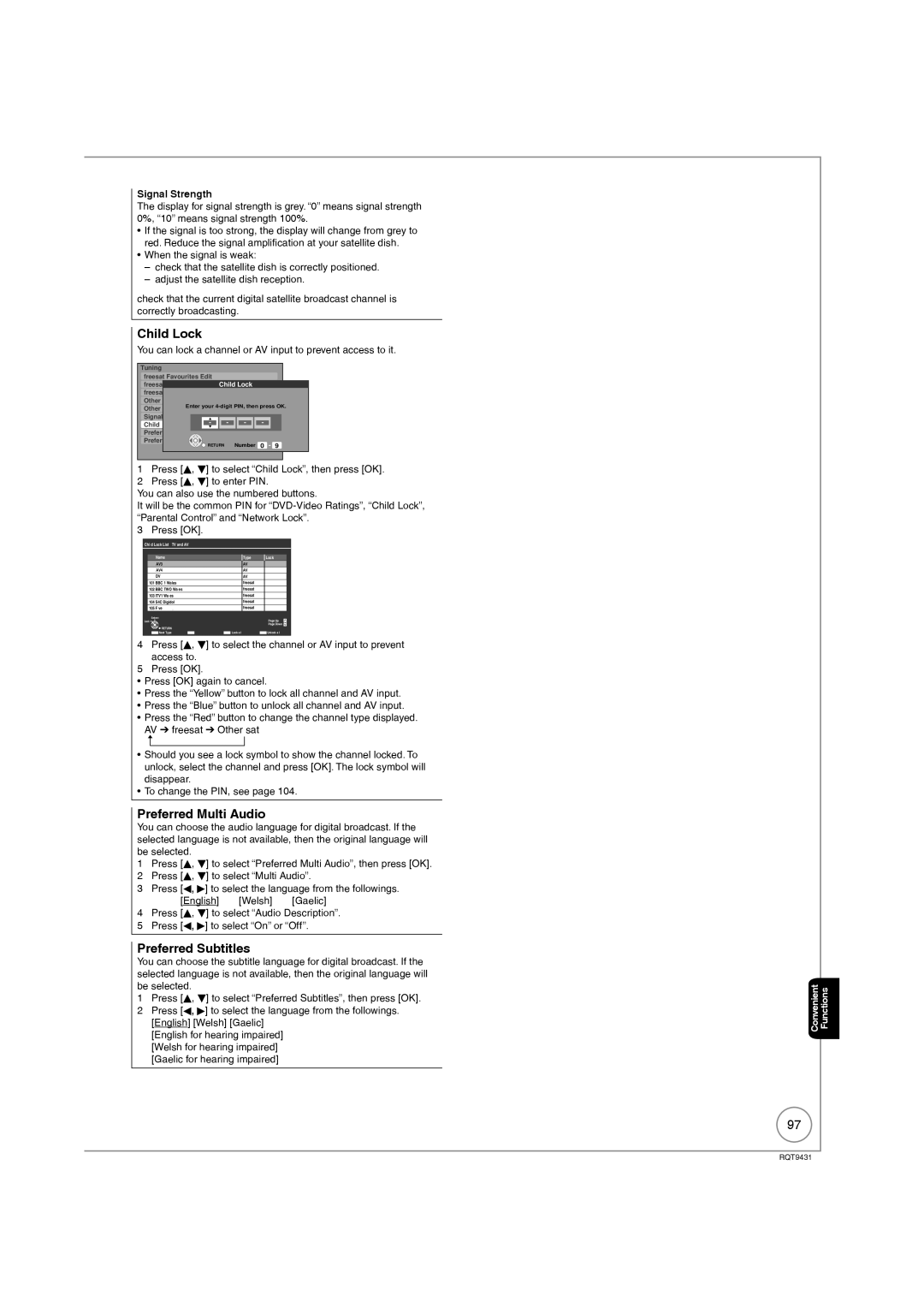 Philips DMR-XS350EB operating instructions Child Lock, Preferred Multi Audio, Preferred Subtitles, Signal Strength 