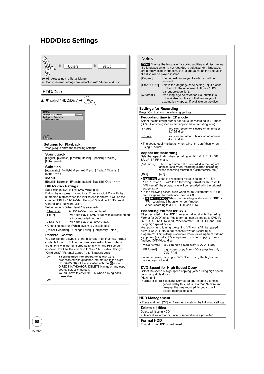 Philips DMR-XS350EB operating instructions HDD/Disc Settings 