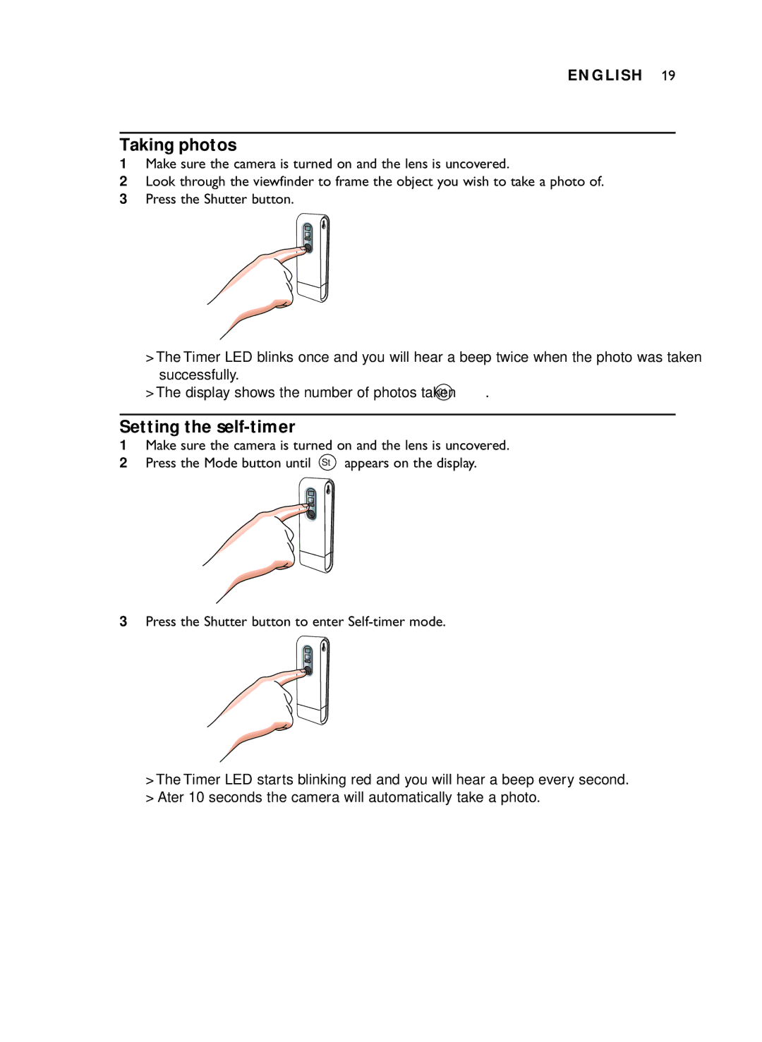 Philips DMVC1300K manual Taking photos, Setting the self-timer 