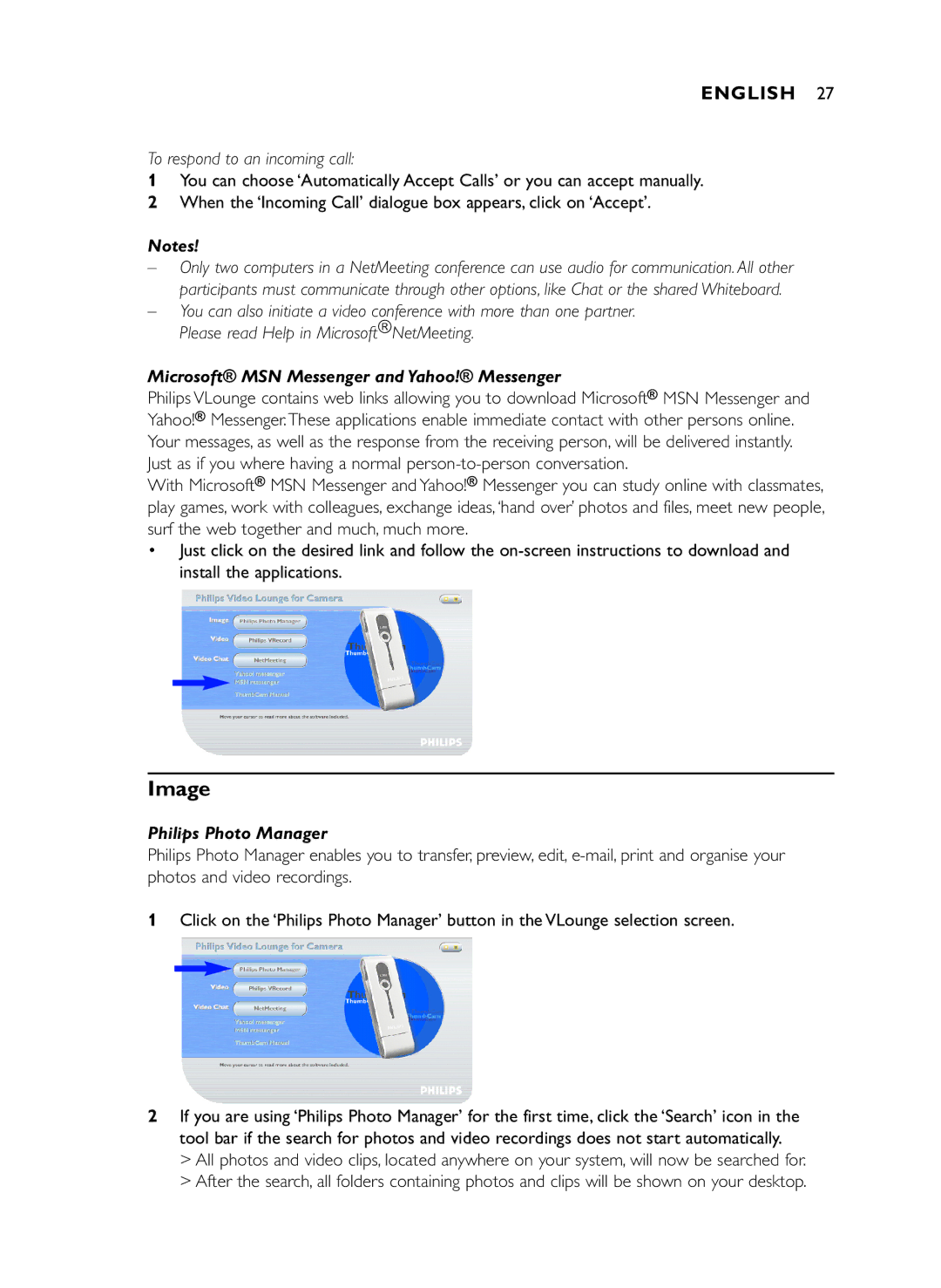 Philips DMVC1300K manual Image, Microsoft MSN Messenger and Yahoo! Messenger, Philips Photo Manager 