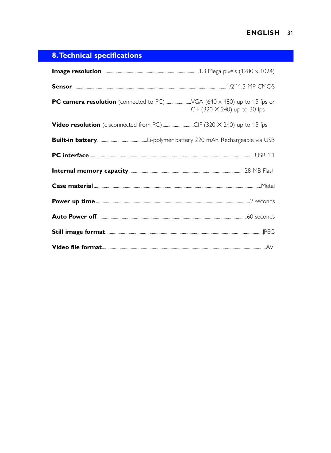 Philips DMVC1300K manual Technical specifications 