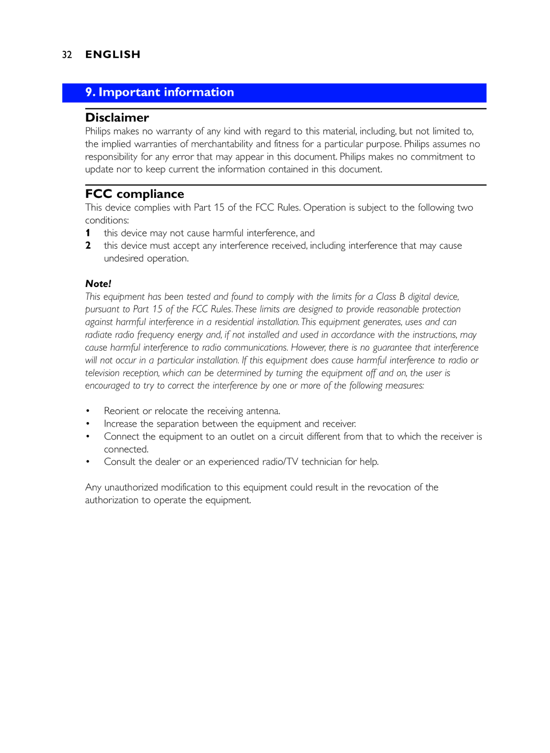 Philips DMVC1300K manual Important information, Disclaimer, FCC compliance 
