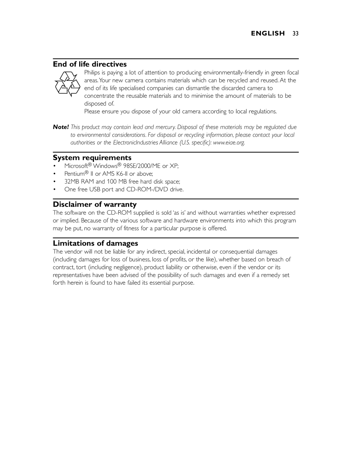 Philips DMVC1300K manual End of life directives, System requirements, Disclaimer of warranty, Limitations of damages 