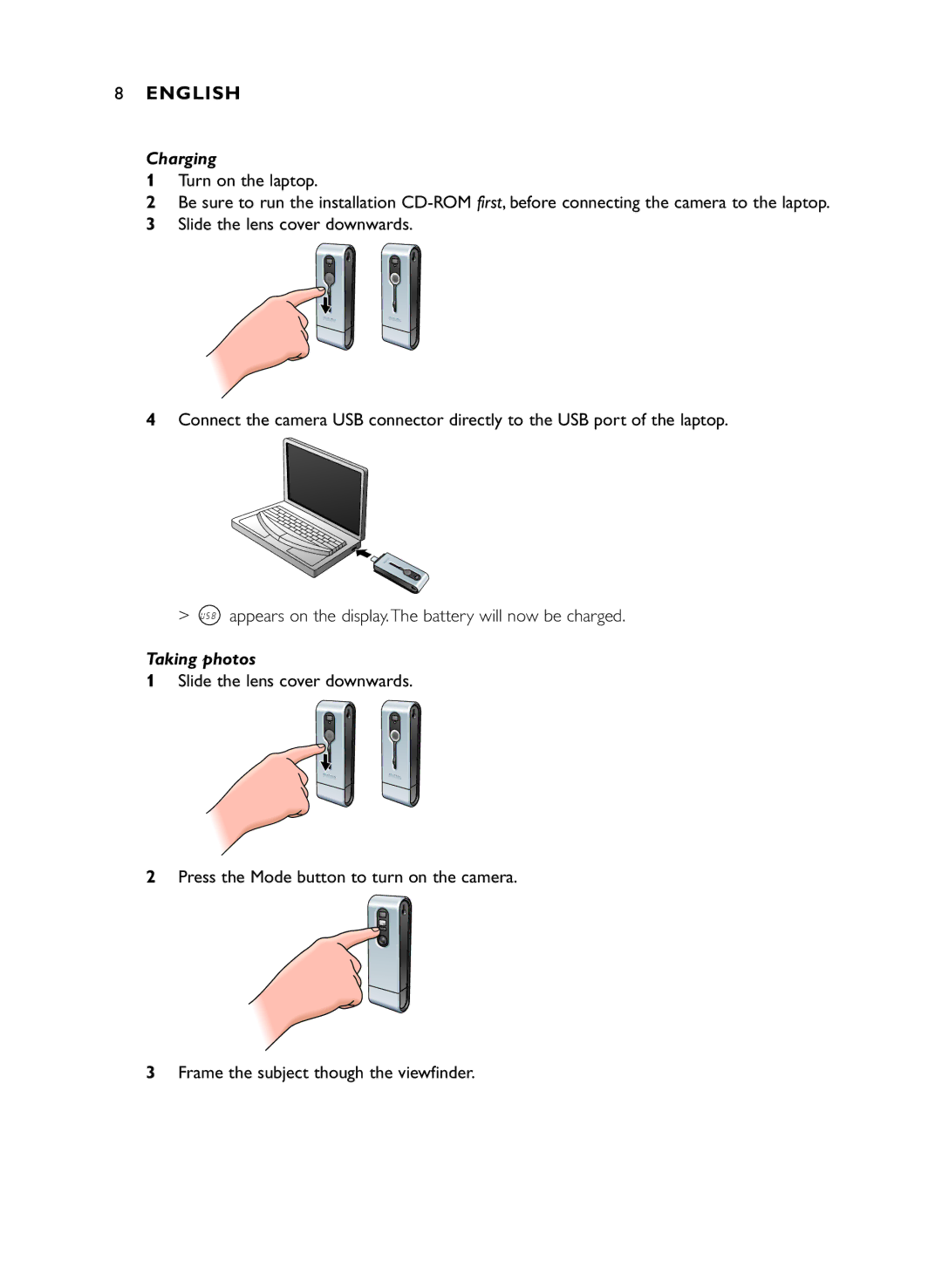 Philips DMVC1300K manual Charging, Taking photos 