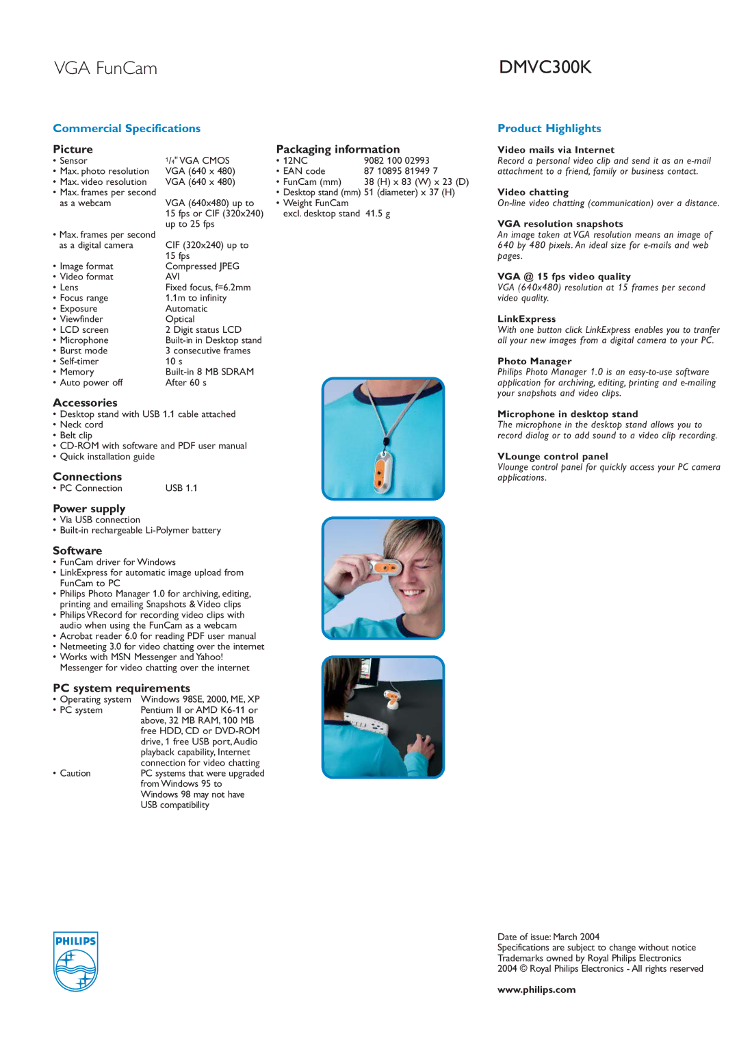 Philips DMVC300K Picture Packaging information, Accessories, Connections, Power supply, Software, PC system requirements 