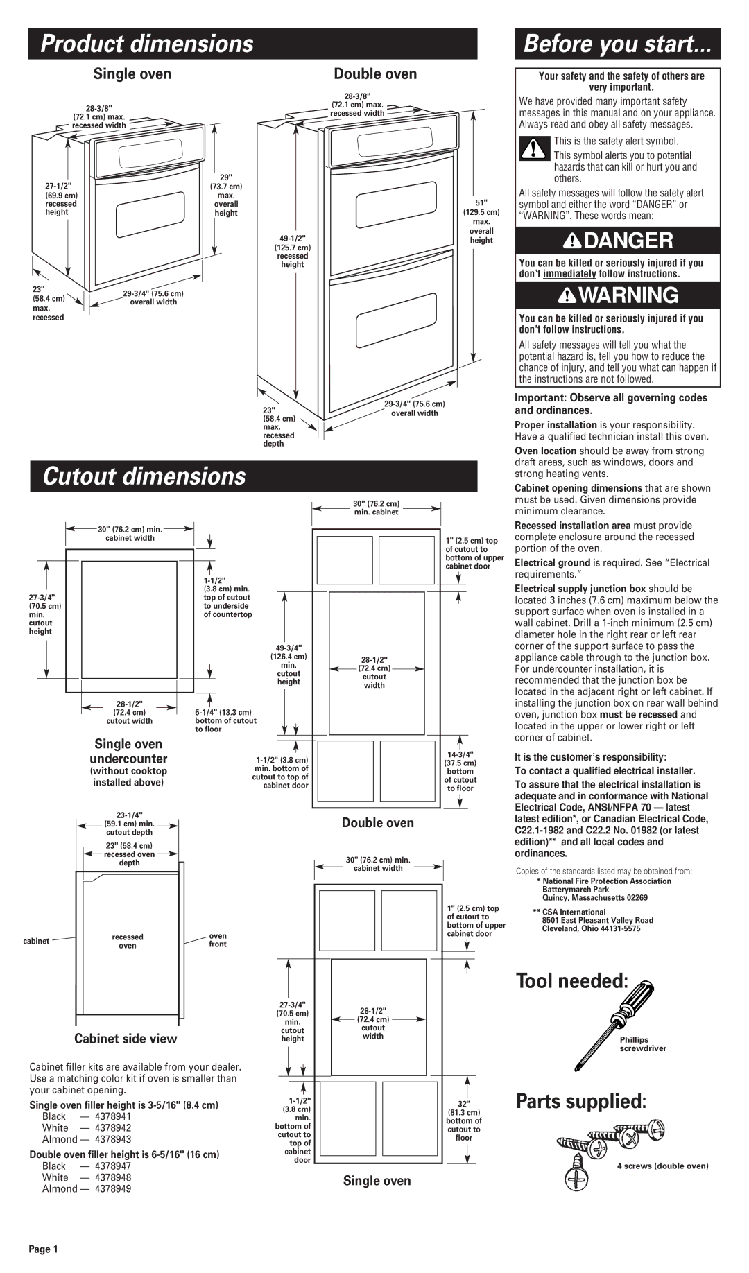 Philips Double Oven installation instructions Product dimensions, Cutout dimensions, Tool needed, Parts supplied 