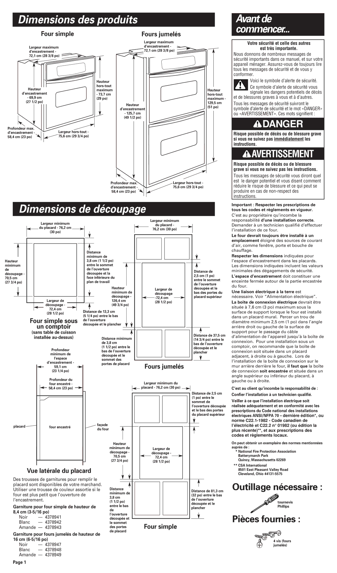 Philips Double Oven Dimensions des produits, Dimensions de découpage, Outillage nécessaire, Pièces fournies 