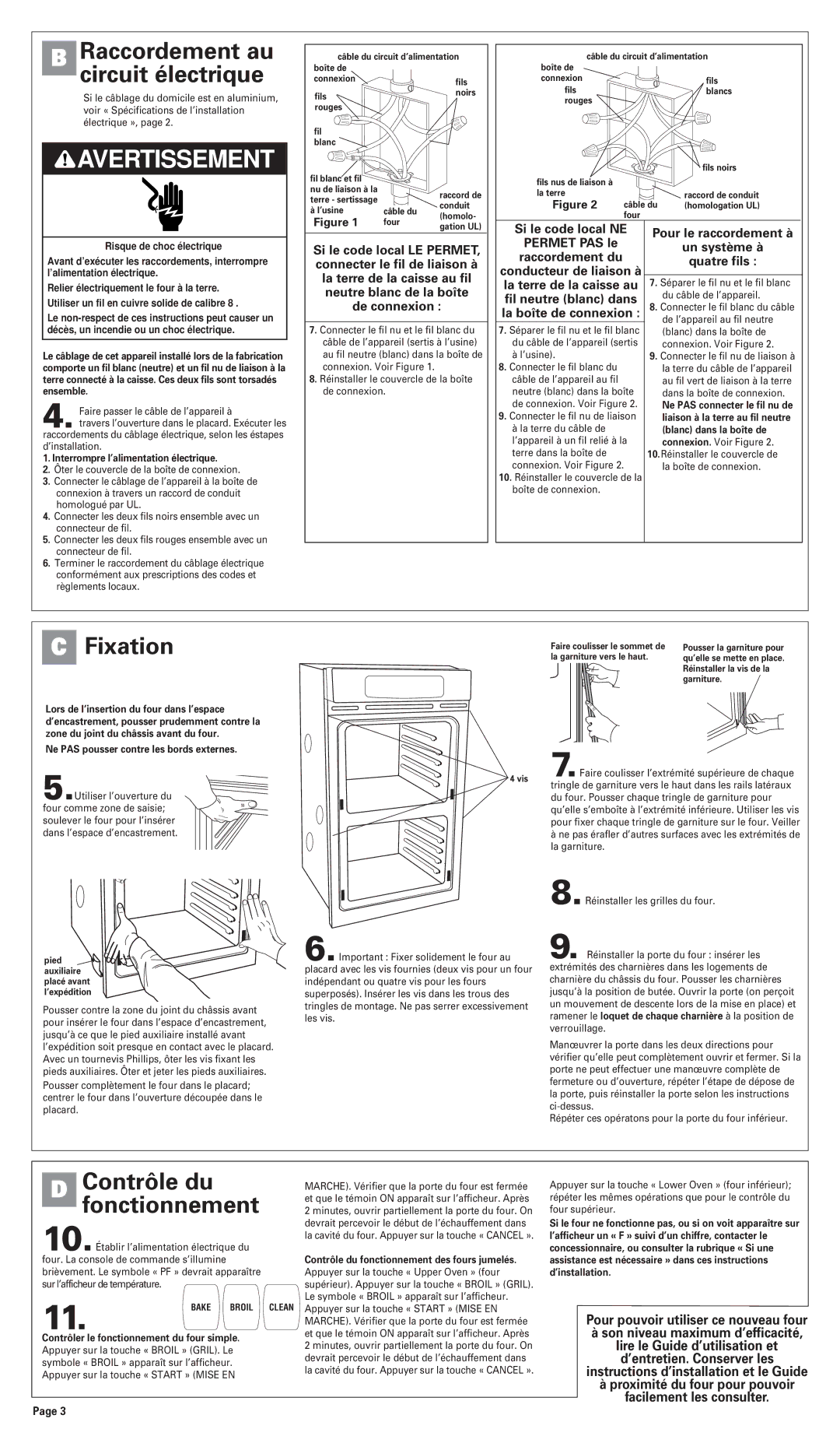 Philips Double Oven installation instructions Fixation, Contrôle du, Fonctionnement, Raccordement au circuit électrique 