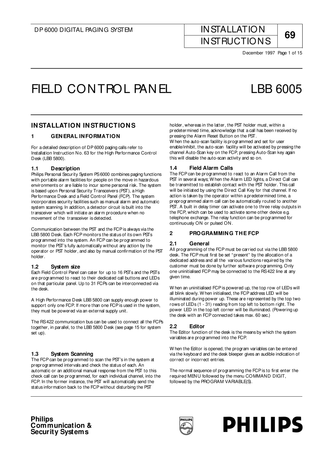 Philips LBB 5800, DP 6000 installation instructions General Information, Programming the FCP 