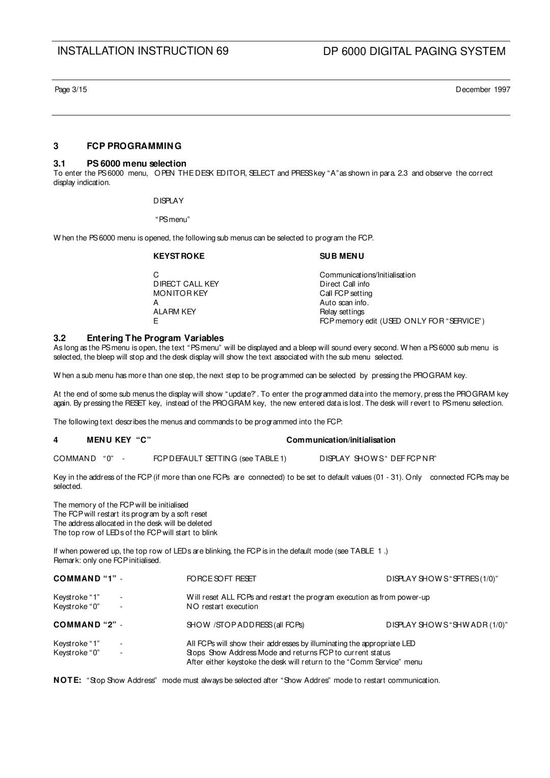 Philips LBB 5800, DP 6000 installation instructions FCP Programming, PS 6000 menu selection, Entering The Program Variables 