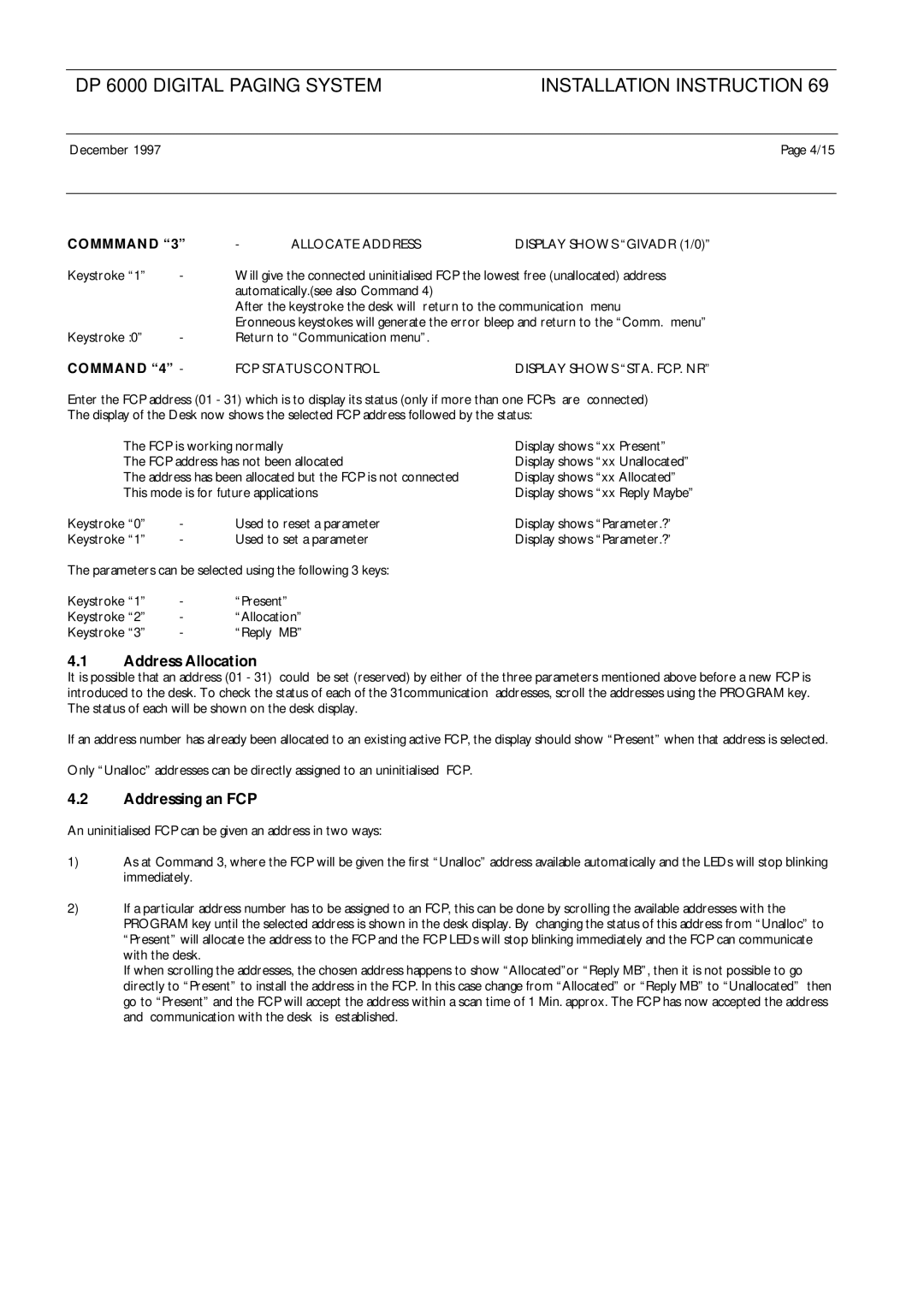 Philips DP 6000, LBB 5800 installation instructions Address Allocation, Addressing an FCP, Commmand, FCP Status Control 