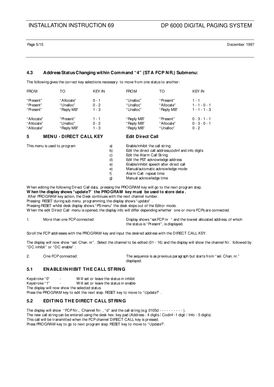 Philips LBB 5800 Menu Direct Call KEY, Edit Direct Call, ENABLE/INHIBIT the Call String, Editing the Direct Call String 