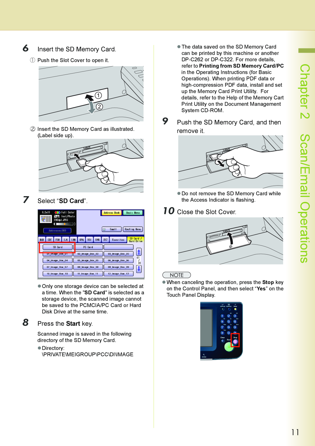 Philips DP-C262 manual Scan/Email, Insert the SD Memory Card, Select “SD Card”, Press the Start key, remove it 