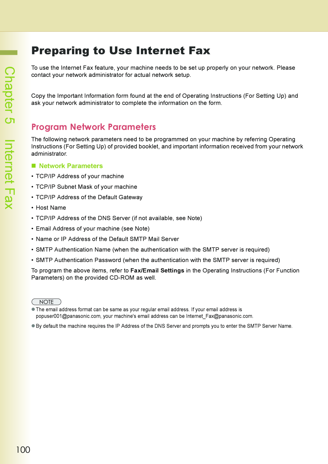 Philips DP-C262 manual Preparing to Use Internet Fax, Program Network Parameters, „ Network Parameters 